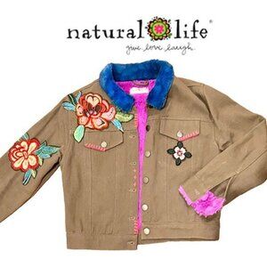 Natural Life Tara embroidered, embellished Tan Jacket, faux fur lining, XS
